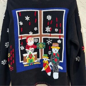 Black Cardigan Button Up Christmas Holiday Sweater with Snowflakes Santa sz L